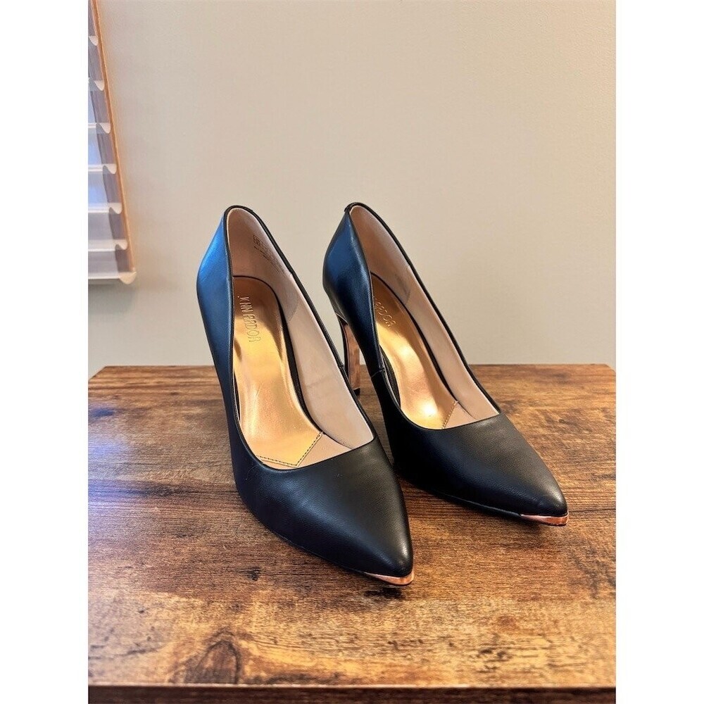Jenn Ardor Womens Black Pointed Toe Stiletto Pumps Rose Gold Heel Accent 9.5
